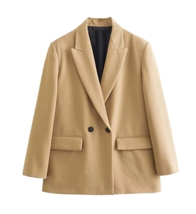 Detailed flat lay of a khaki double-breasted blazer featuring notch lapels and flap pockets