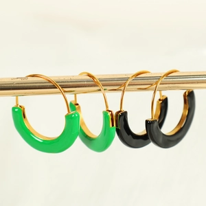 French style enamel U-shaped hoop earrings in green and black with gold finish