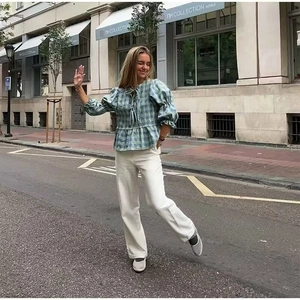 French style green plaid puff sleeve blouse with ruffles and white trousers for women