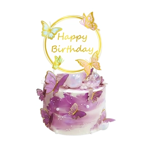 Golden Happy Birthday cake topper with 3D purple gradient butterfly decorations set
