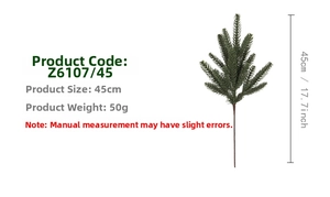 Detail showing 45cm artificial pine branch with green needles and dimensions specification