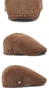 Détail du béret en denim délavé marron avec boucles de réglage latérales en métal vintage