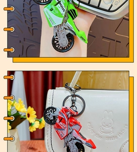 Green and red motorcycle model keychains shown hanging on a white backpack