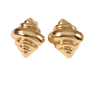 Polished gold croissant shell stud earrings with irregular geometric pleated texture