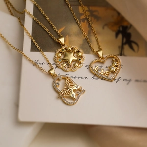 Pendant Necklace Copper With Zircon Gold Plated Heart Butterfly Star Geometric Minimalist Fashion Jewelry For Women