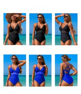 Detail of mesh paneling and criss-cross back straps on this elegant one-piece swimsuit