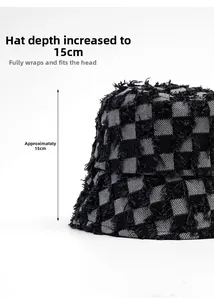 Detail view of checkerboard bucket hat with 15cm depth and frayed edge texture
