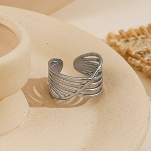Silver multi-layer intertwined open ring in stainless steel with minimalist cross design