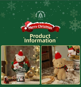 Detail of Christmas teddy bear plush with Santa hat and scarf in a festive gift box