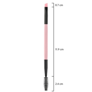Dual-ended eyebrow and eyelash brush with pink handle showing precise dimensions