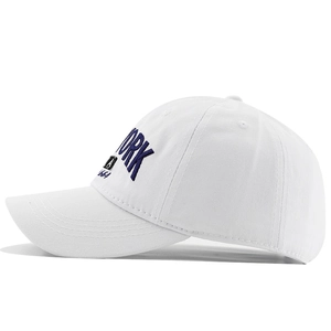 Detail of blue 1664 3D embroidery on a white cotton twill baseball cap side