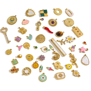 Assorted 14K gold plated stainless steel DIY charms with enamel and rhinestones