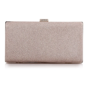 Detail of champagne pink glitter evening clutch bag with silver metal frame and clasp