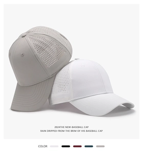 Detail of laser-cut breathable holes on quick-dry baseball caps in white and grey