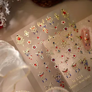 3D Chinese style nail stickers M-1324 with gold butterfly and floral patterns