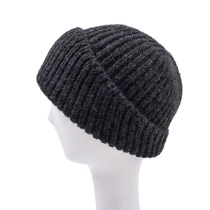 Close-up of dark grey cuffed knit beanie showing thick ribbed texture on a white background