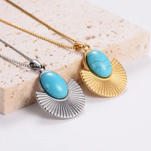Vintage geometric fan pendant necklace with blue turquoise in gold and silver finish