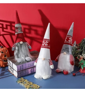 Close-up of three plush Christmas gnomes in red, white and grey with long fuzzy beards