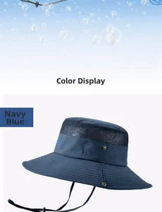 Navy blue wide brim sun hat with breathable mesh side panels and adjustable chin cord