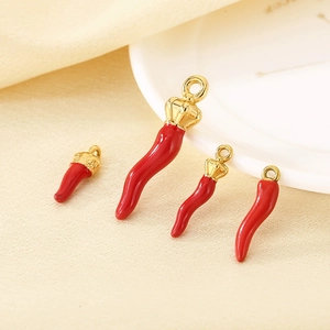 Red enamel chili pendants with gold crowns in four sizes for DIY jewelry making