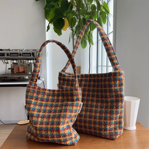 Houndstooth Woolen Tweed Underarm Shoulder Bag Vintage Aesthetic Handheld Tote With Canvas Lining Magnetic Closure For Women