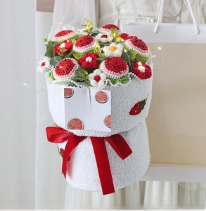 Handmade knitted sunflower and fruit flower bouquet with LED lights in a gift box