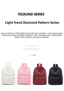 Collezione di zaini trapuntati in bianco, rosa, bordeaux e nero con tasca frontale zip