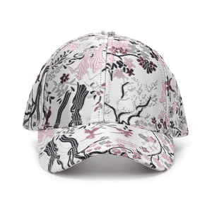 Embroidered floral baseball cap with jacquard fabric and curved brim on white background