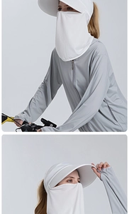 Detail of white UV sun hat with detachable face mask and lightweight gray cooling jacket