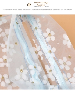 Macro detail of high-density blue organza pouch with white flower print and silk drawstring