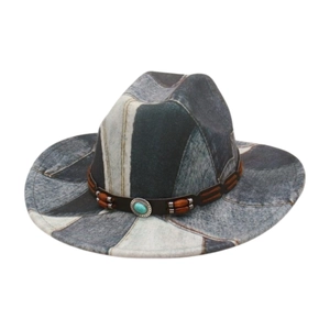 Ethnic denim patchwork cowboy hat with brown leather band and turquoise stone accent
