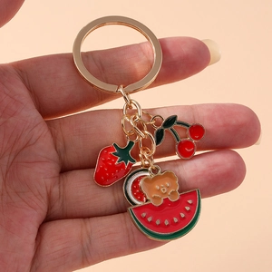 Cute strawberry cherry and watermelon bear keychain with gold metal ring holder