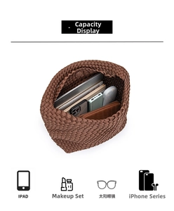 Top view of large woven tote bag interior showing iPad and essentials storage capacity