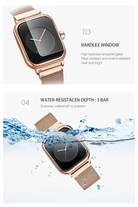 Detail showing scratch-resistant Hardlex crystal and 30m water resistance on square watch