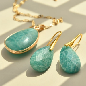 Elegant gold-plated jewelry set featuring teardrop turquoise necklace and matching earrings