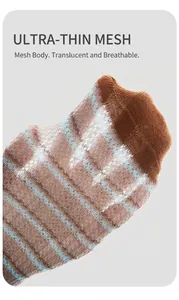 Close-up of breathable ultra-thin mesh fabric on striped sports socks for kids