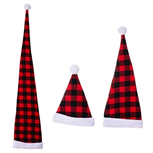 Three red and black buffalo plaid Christmas hats with white plush trim in various sizes