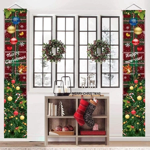Christmas Porch Banner Oxford Fabric Merry Christmas Welcome Sign For Front Door Holiday Home Hanging Decoration Plaid