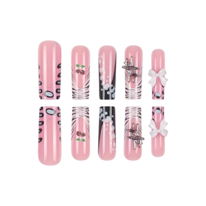 Pink French press-on nails with leopard print, 3D bows, and sparkling rhinestone charms