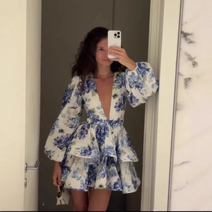 Floral Print V Neck Lantern Long Sleeve Tiered Ruffle Chiffon Elegant Bohemian A-Line Short Mini Dress For Women