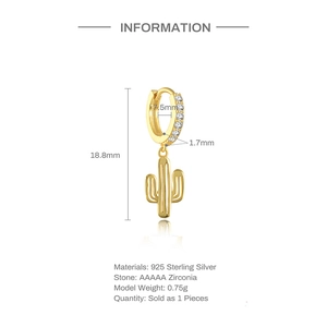 Detail showing gold S925 sterling silver cactus earrings with precise dimensions