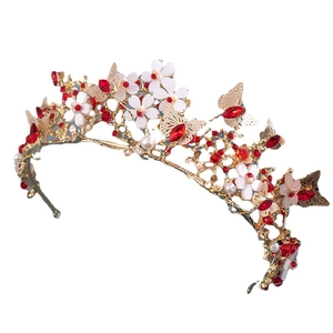 Baroque gold bridal crown with red rhinestones, white flowers and butterfly details