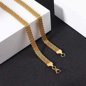 Polished gold mesh bracelet necklace chain with secure lobster clasp on sleek background