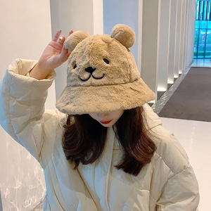 Brown plush teddy ear bucket hat for women with thick faux fur for winter warmth