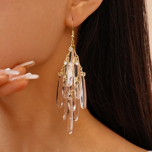 Close-up of elegant long tassel earrings with clear crystal droplets on model's ear