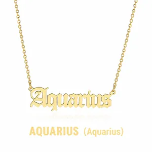 Detailed close-up of a gold gothic Aquarius pendant necklace on a clean white background