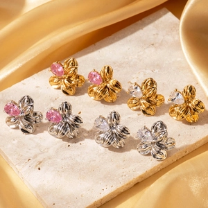 French vintage flower stud earrings in gold and silver with pink drop crystals