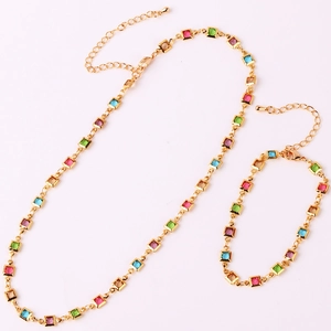 Necklace Bracelet 18K Gold Plated Copper Colorful Square Zircon Thin Chain Adjustable Ethnic Fashion Jewelry For Women