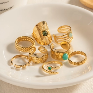 Vintage Stainless Steel Rings For Women 18K Gold Plated Natural Malachite Turquoise Faux Artificial Pearl Braided Adjustable