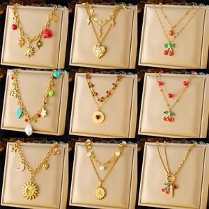 Vintage Layered Necklace Stainless Steel Gold Plated Enamel Cherry Heart Sun Star Moon Fruit Artificial Pearl Pendant For Women